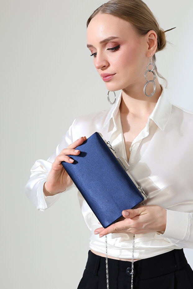 Navy Blue Satin Sparkling Women's Evening Dress Bag Stylish Evening Event Model