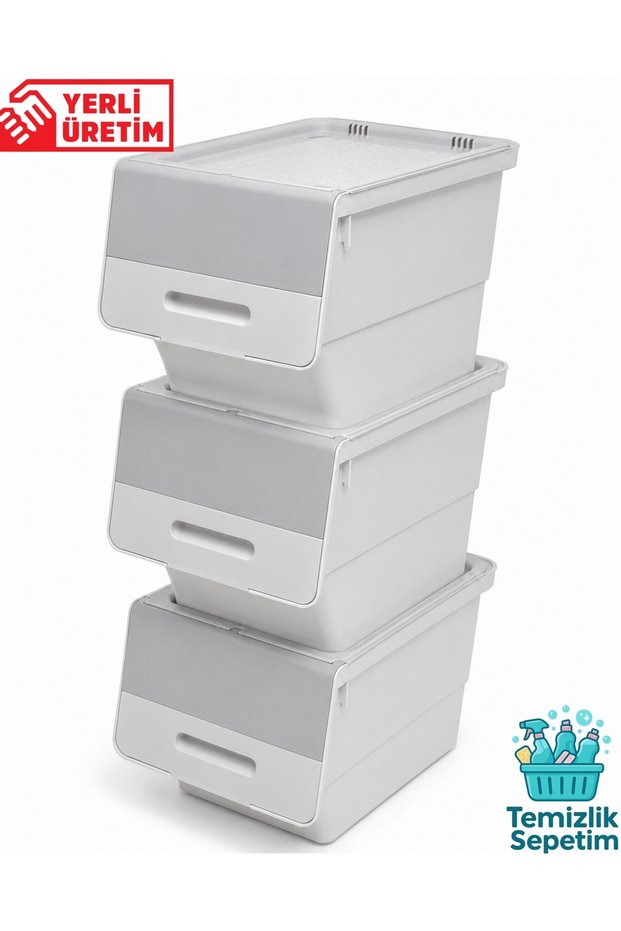 3-Tier Wheeled Storage Box with Lid, Goods and Food Organizer 3X12 Liters (Gray)