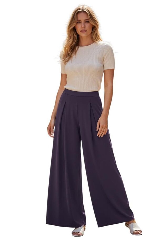 Wide-Leg Palazzo Trousers for Women, High-Waisted with Pleated Front, Comfortable Loose Fit (UAE/KSA, Alpha, XL, Regular, Regular, Dark Purple)