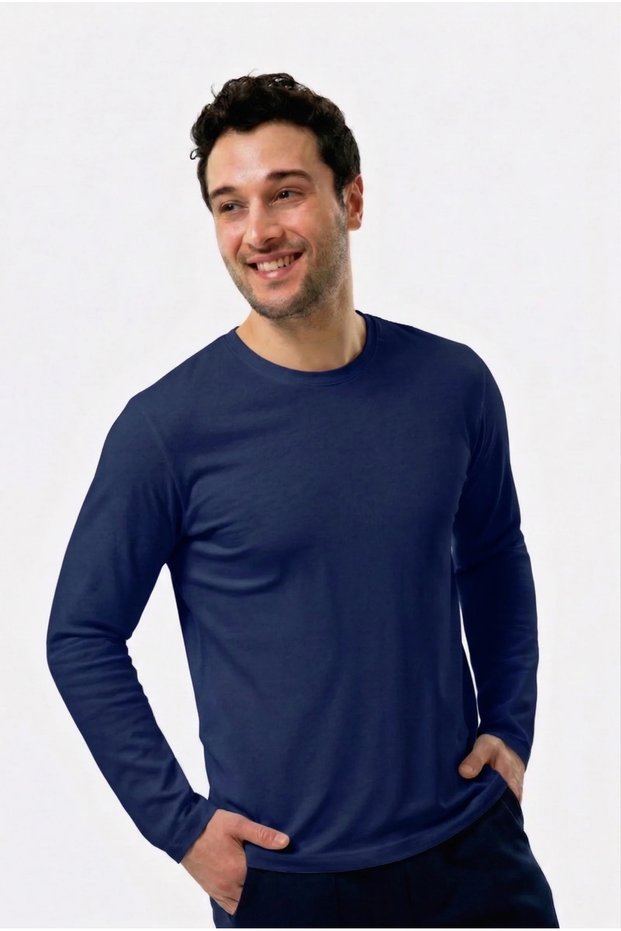 100% Organic Cotton Navy Blue Crew Neck Long Sleeve Men's T-Shirt