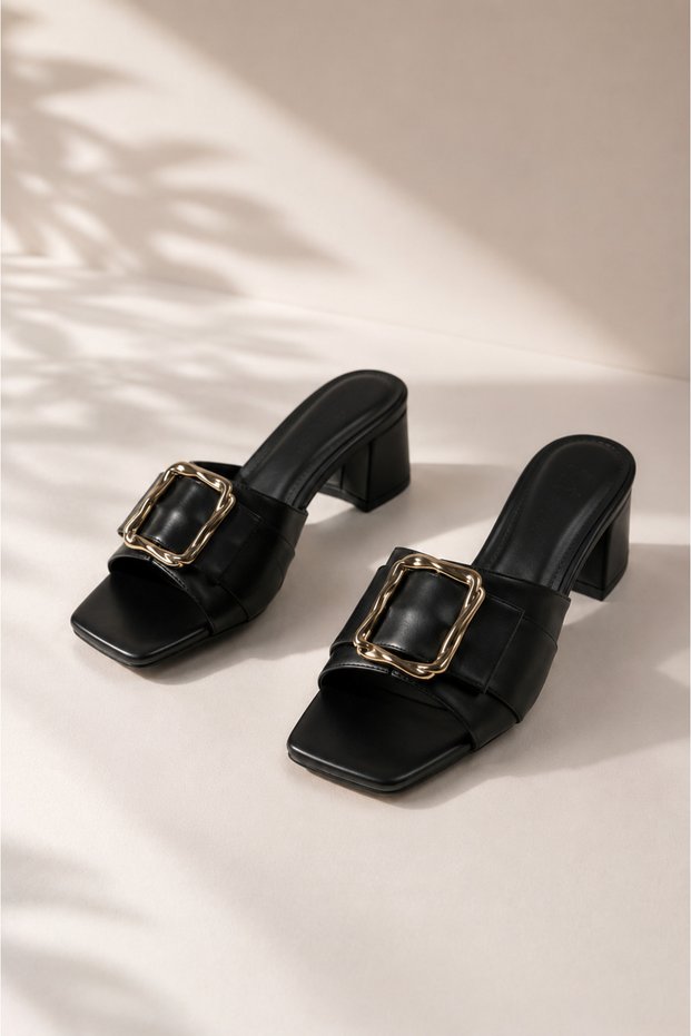 Eslem Women's Black Metal Buckle Square Toe Thick Heeled Slippers