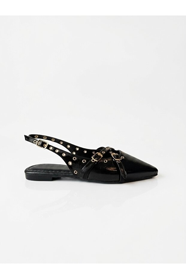 Women's Black Open-Back Cross-Strapped Ballerinas with Gold Buckle