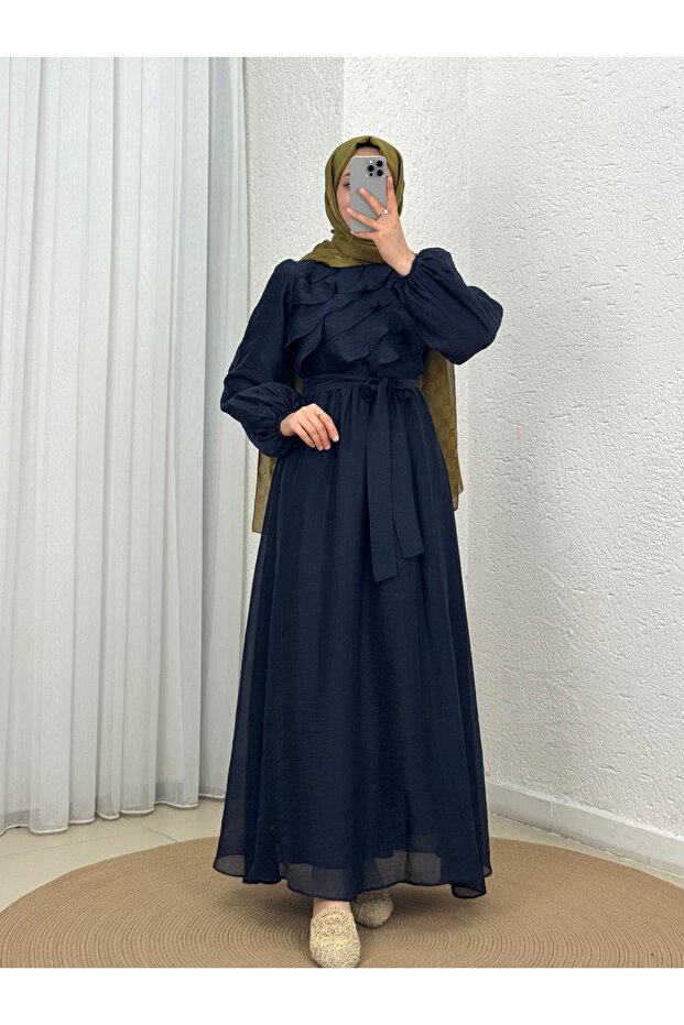 Tamora Chest Ruffle Wave Model Dress-Pa9883 Navy Blue