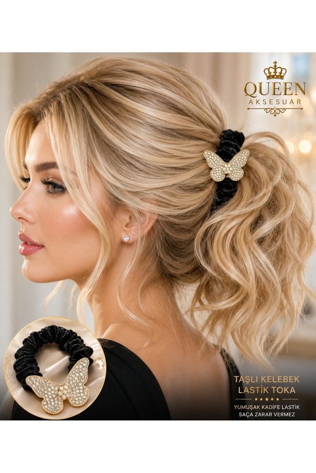 Velvet Rubber Hair Clip with Crystal Stones and Metal Butterfly Figure, Black Scrunchie Hair Clip