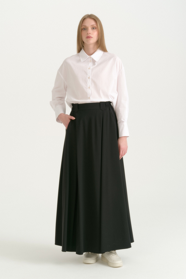 Pile Detailed Elastic Waist Skirt - Black