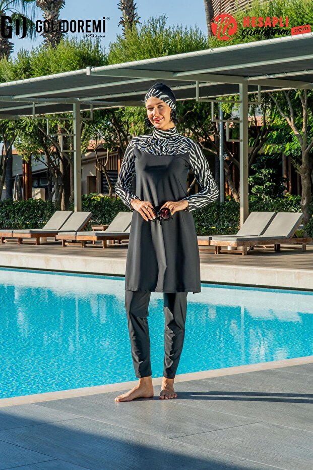 Premium Series Women's Zebra Patterned Lycra Quick-Drying Fabric Hijab Swimsuit with Flywheel Detail