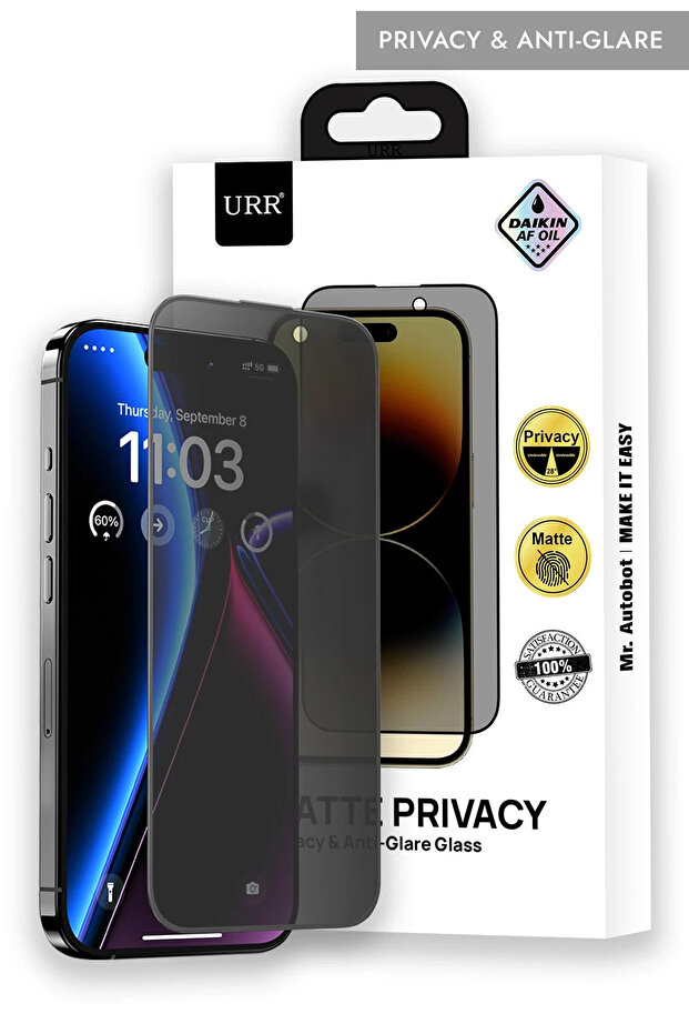 واقي شاشة زجاجي للخصوصية لهاتف iPhone 14 Pro Max من URR - أسود