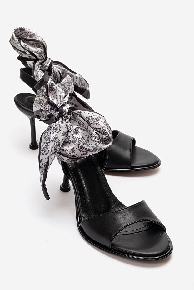 Marena Black Leather Women's Thin Heeled Shoes with Scarf