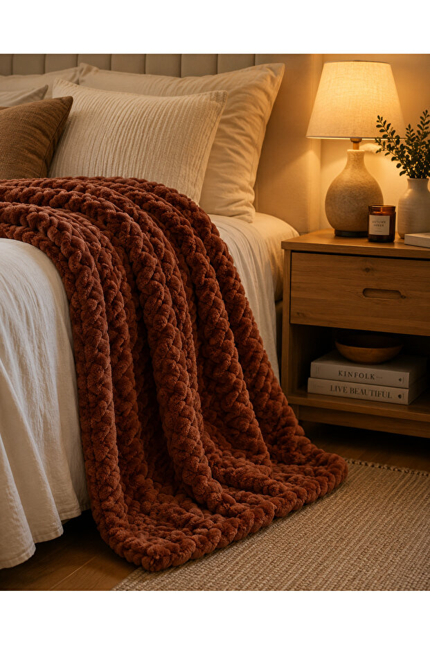 Auraa King Jacquard blanket 280gsm, 200x240cm - Brown