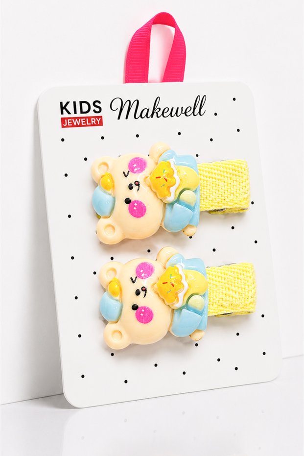 2-Piece Children's Clip Buckle with Teddy Bear Figure – Snap Buckle with Strawberry Detail and Pink Ribbon