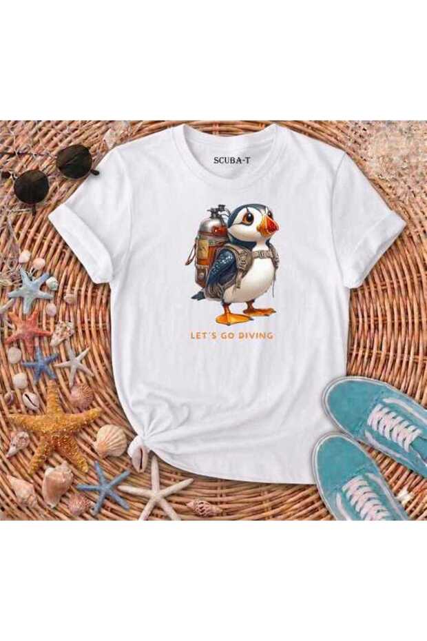 Penguin Diver Visually Printed White Cotton T-Shirt