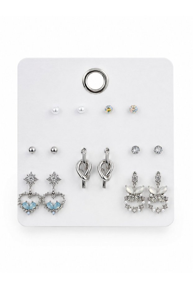 Brass Silver Color Hanging Zircon Stone Heart Model Knot Detail 7 Pairs Women's Earring Set