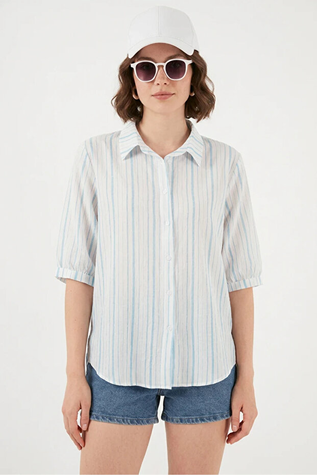 Women's Short Sleeve Striped Viscose Light Blue Shirt