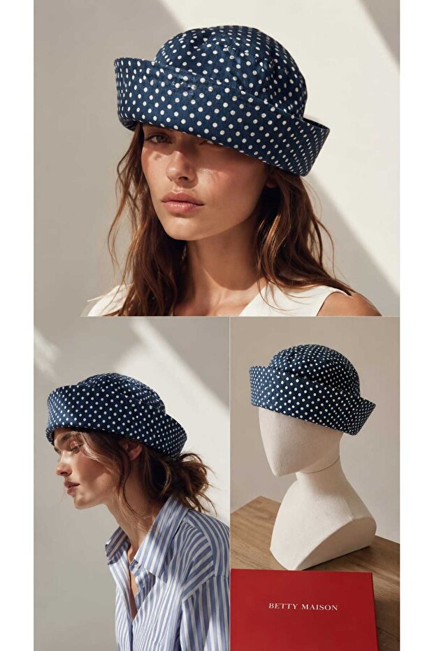 Betty Bands -Women's Navy Blue White Polka Dot Pillbox Docker Hat – Modern Sailor City Style Hat