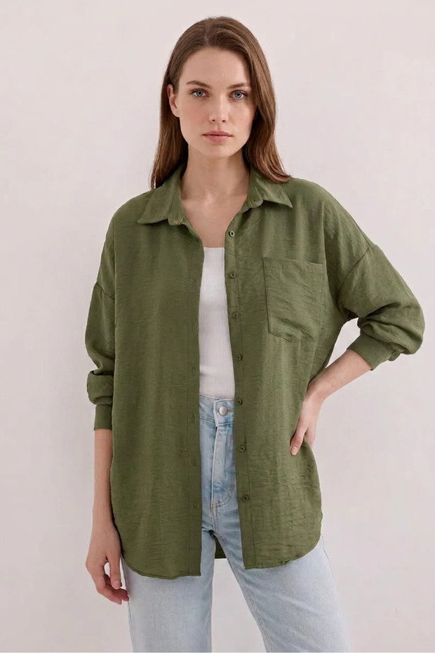 Women's Oversize Cut Viscose Khaki Shirt with One Pocket