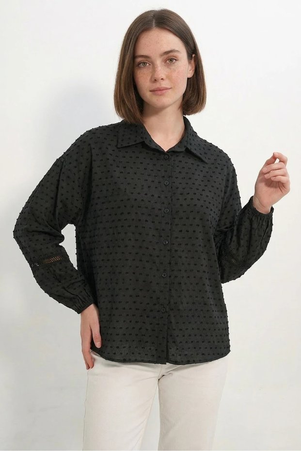 Women's Lace Detailed Oversized Black Shirt