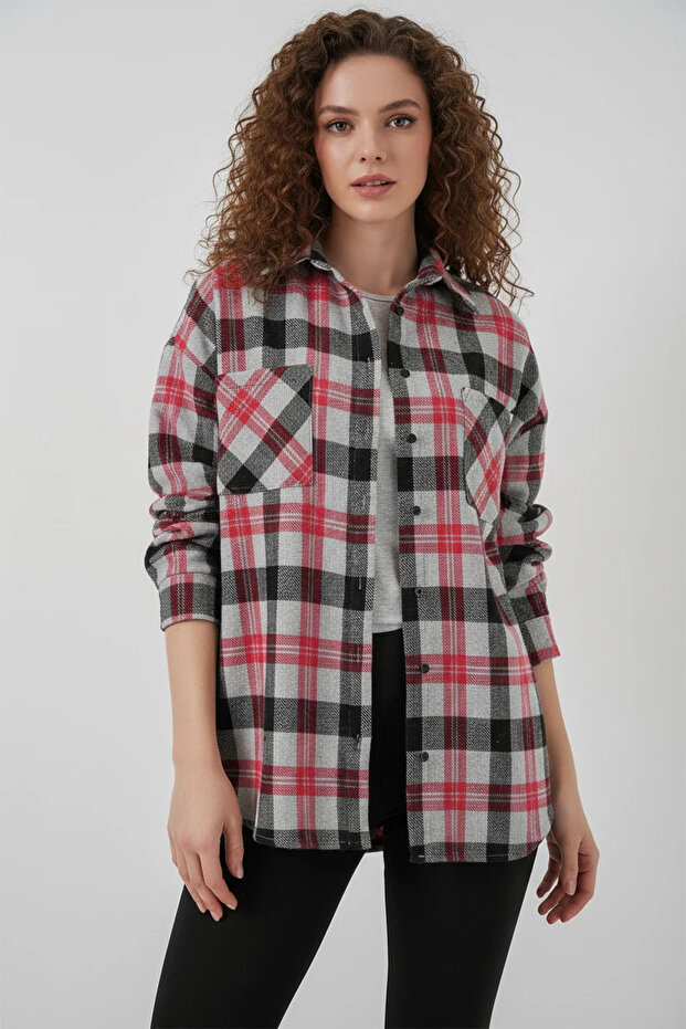 Women's Oversize Plaid Patterned Cotton Pomegranate Shirt