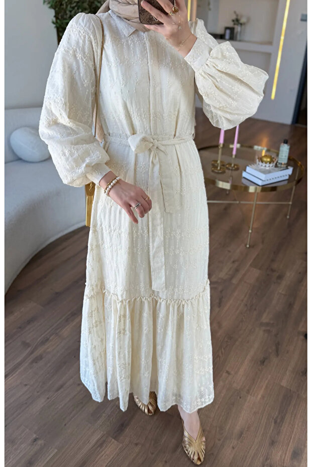 Shirt Collar Scalloped Dress Cream