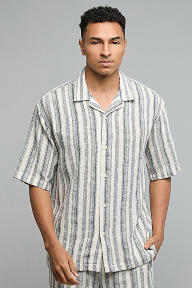 Striped Shirt with Revere Collar and Short Sleeves
