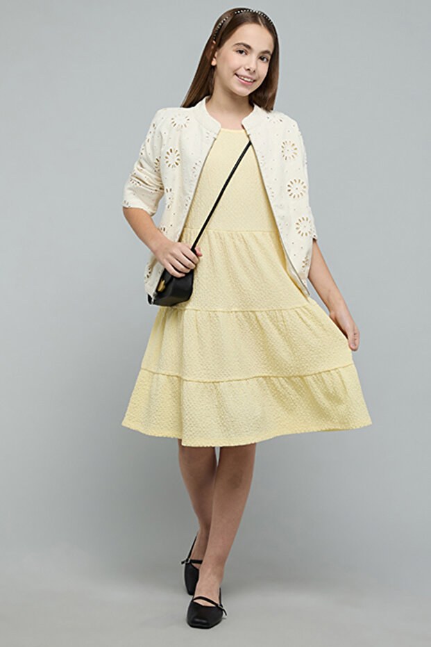 Textured Tiered Dress with Square Neck and Short Sleeves