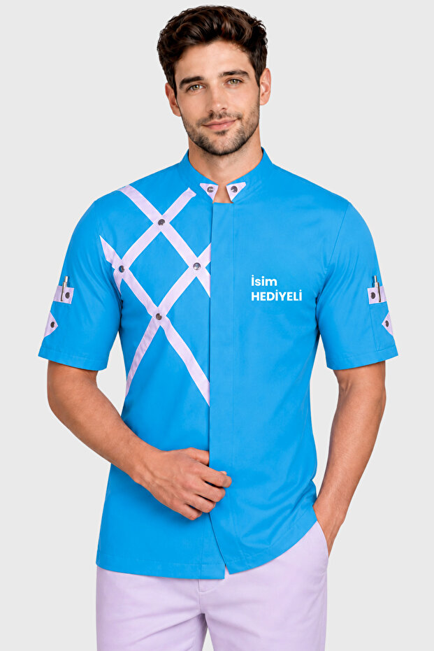 Turquoise Blue Short Sleeve Cook's Jacket with Name Gift Chef Jacket Cook's Outfit Cook's Uniform Cook's Shirt