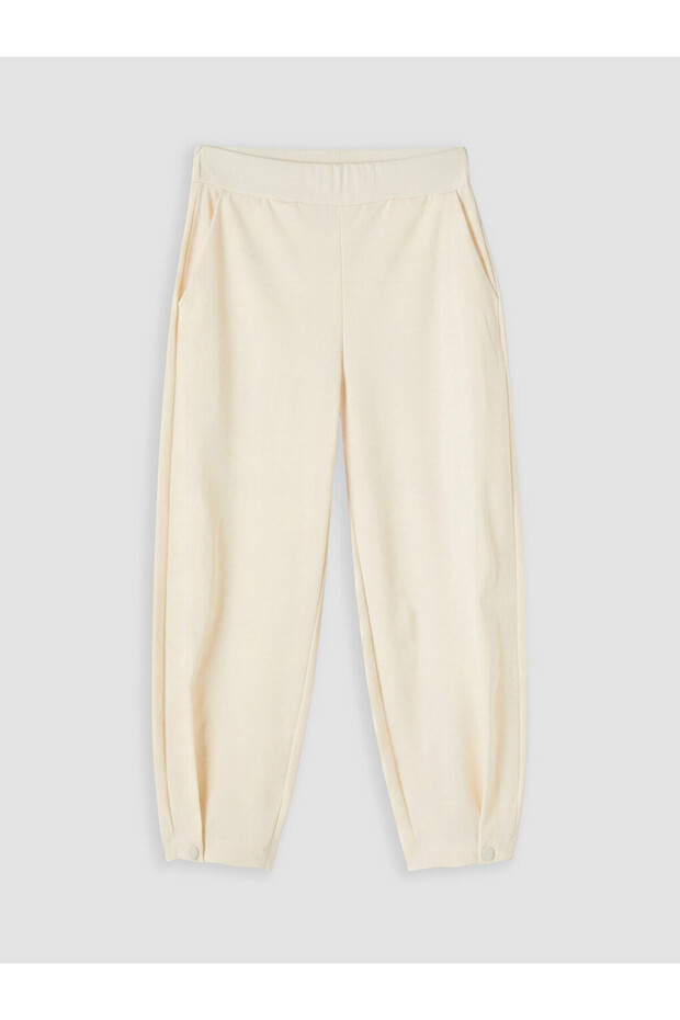 Ecru Textured Women's Trousers with Elastic Waist