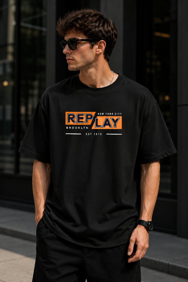 Replay Text Printed Unisex Oversize T-Shirt – Cotton Crew Neck Casual T-Shirt