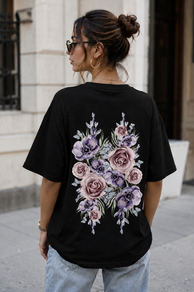 Flower Bouquet Back Print Unisex Oversize T-Shirt – Cotton Crew Neck Casual T-Shirt