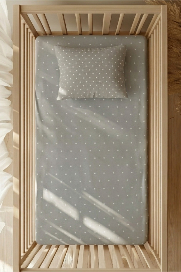 طقم ملاءات قطنية من رانفورس - سرير بارك بنمط منقط باللونين الرمادي والأبيض مقاس 70x120 35x45
