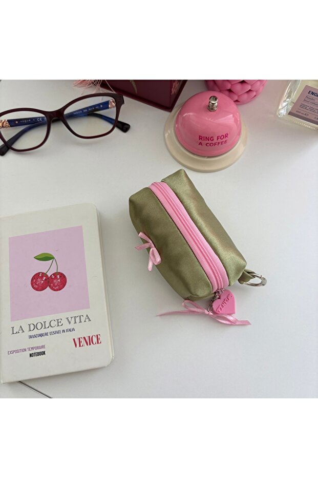 Khaki Satin Lined Mini Wallet/ AirPods Case/ Bag Charm/Keychain/ Heart Detailed