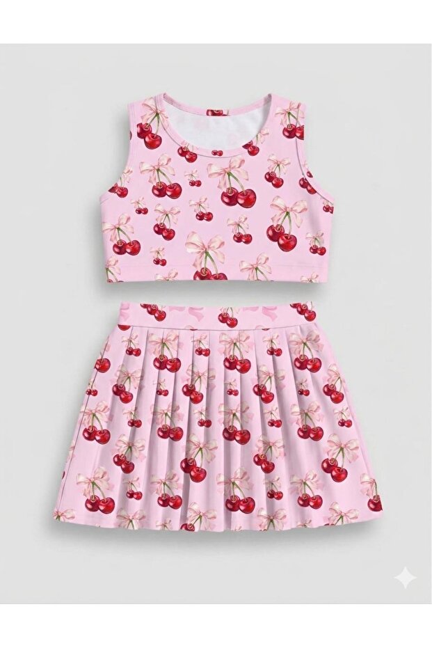 Girl's Pink Double Swimsuit with Cherry Pattern Bow and Pleated Skirt