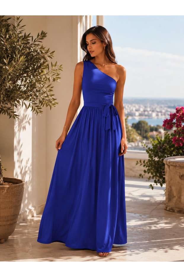 Women's One-Shoulder Belt Detailed Slit Long Crepe Evening Dress (156 cm)