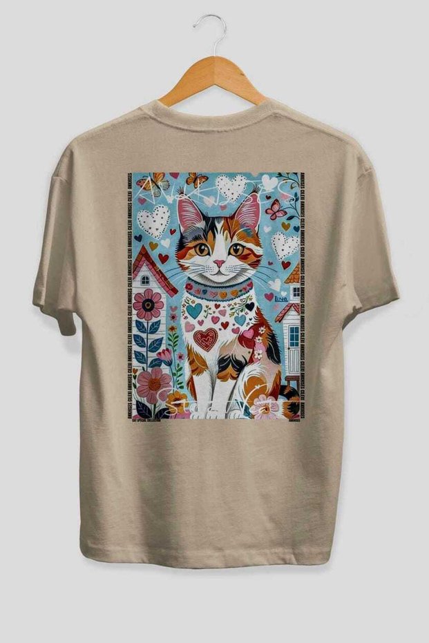 For the Love of Cats 102 Cat Printed Beige Oversize T-Shirt 100% Cotton Unisex Cat Lover Premium Design