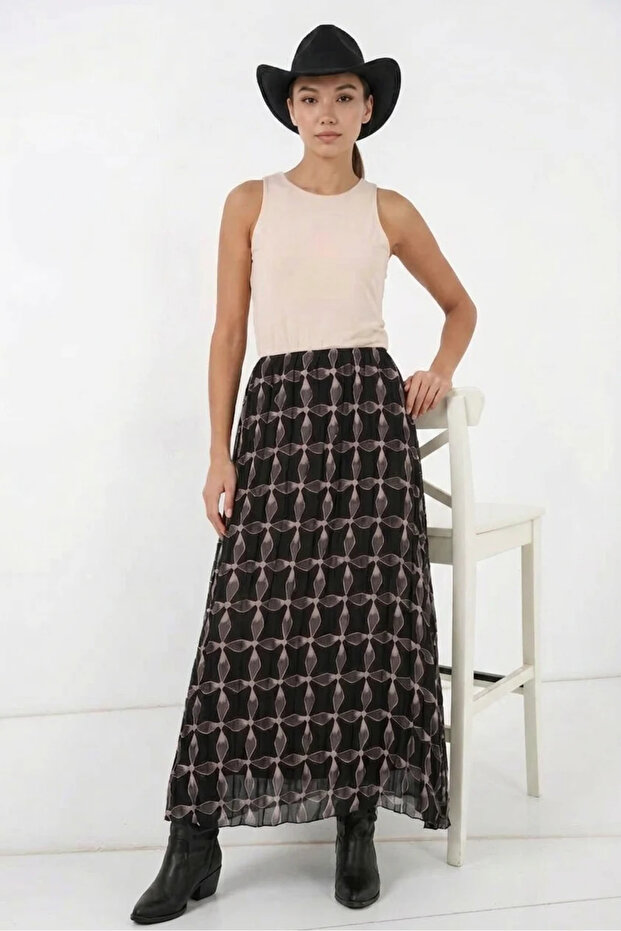 Women's Patterned Chiffon Black Skirt