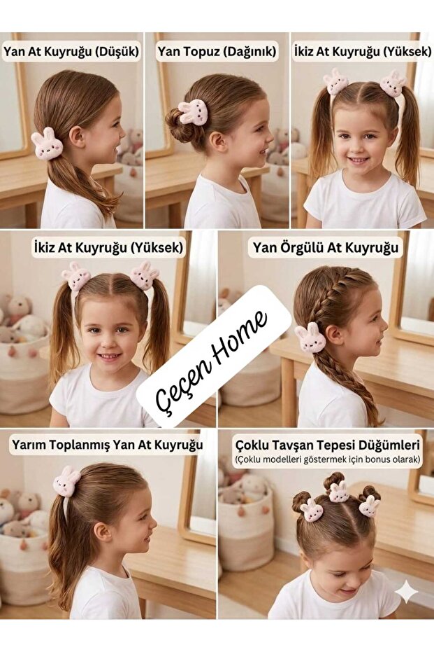 Double Plush Rabbit Hair Clip Set - Side Low Ponytail Side Messy Bun Twin High Ponytail Side Braided Hairstyle Half-Bundled Side Ponytail Multiple Rabbit Hill Knots Hair Clip