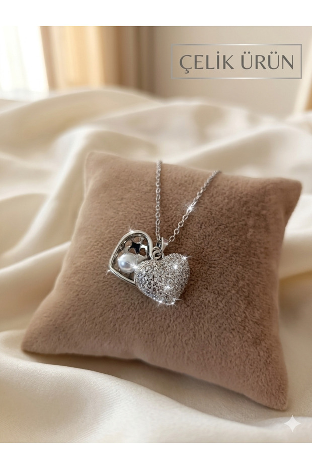 Silver Color Steel Necklace with Pearl Inside Heart
