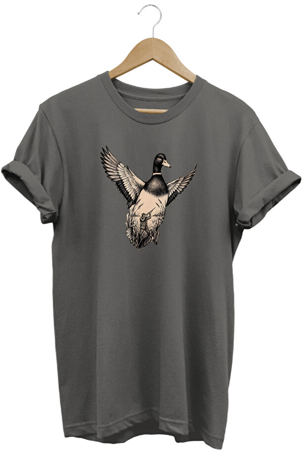 Unisex Regular Duck and Hunter Illustration Printed Crew Neck T-Shirt