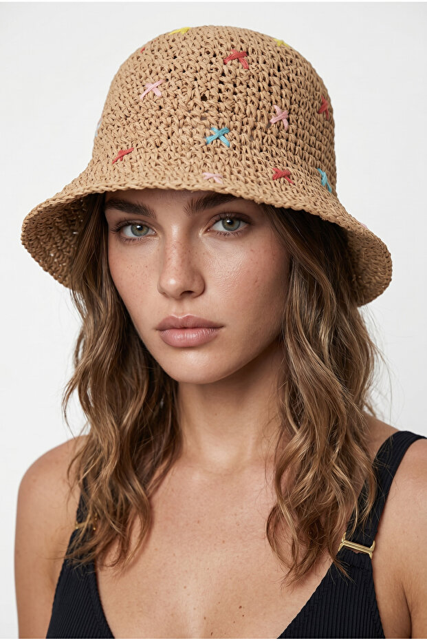 Camel X Embroidered Straw Hat