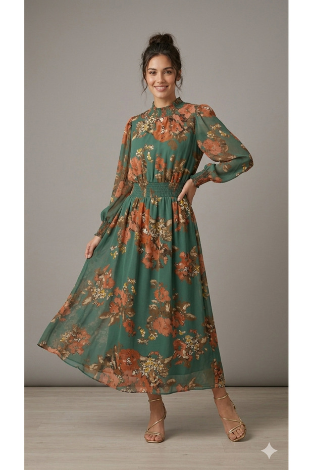 Women's Green Ethnic Patterned Long Closed Summer Style Lined Retro Dress Suitable for Hijab