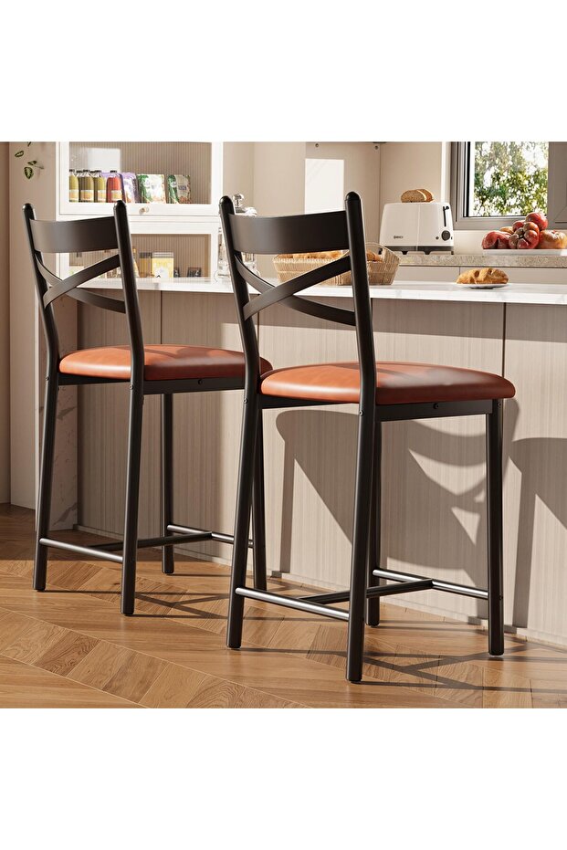 26 Inch Bar Stools, Set of 2 X-Back Bar Chairs, Height Adjustable Bar Stools for Dining Room, Kitchen, Counter, Rustic Cafe, Black
