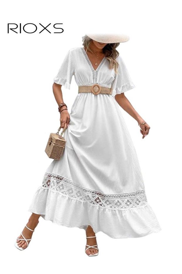 Women's V-Neck Lace Maxi Dress, Summer Boho Elastic Smocked Waist Dresse with Ruffled Sleeve, White