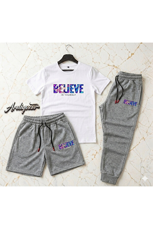 Believe Printed 3-Piece Set (Shorts-T-Shirt-Sweatpants)