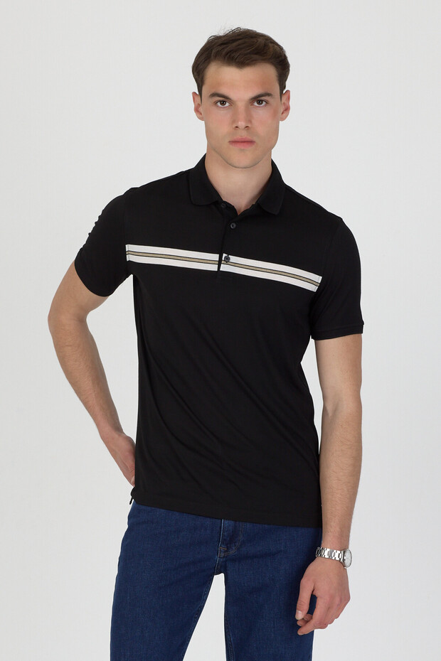 Polo Collar Cotton Pocketless Striped Short Sleeve T-Shirt