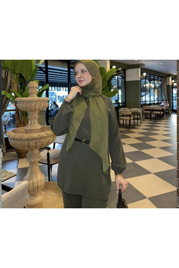 Crepe Fabric Elastic Trousers Tunic Double Set