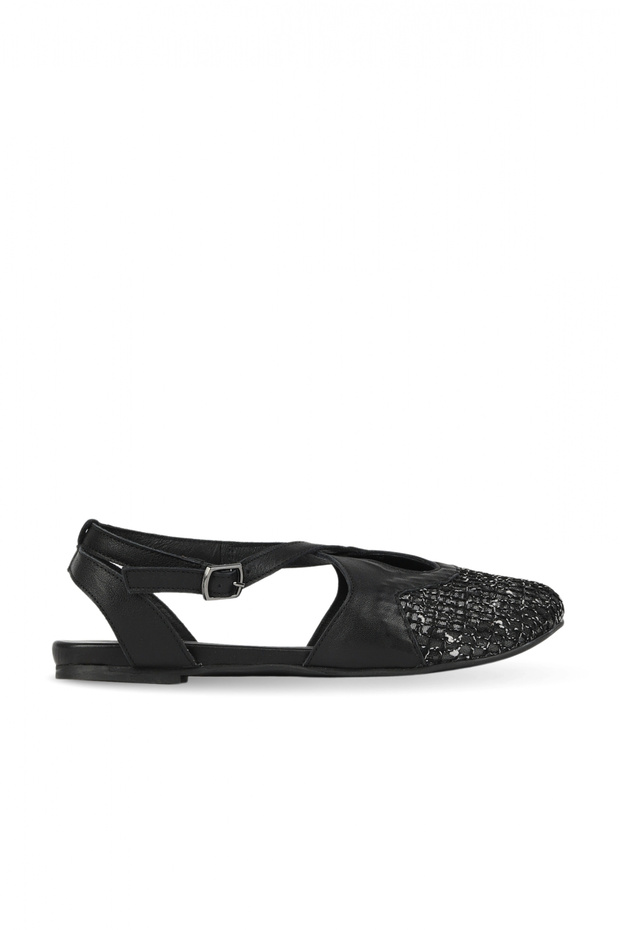 Black Tulle-Black Leather Women's Flat Sandals