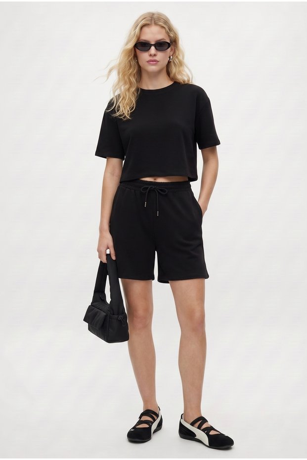 Women's Molly 100% Cotton Elastic Waist Shorts Crop T-Shirt Knitted Black Bottom Top Set