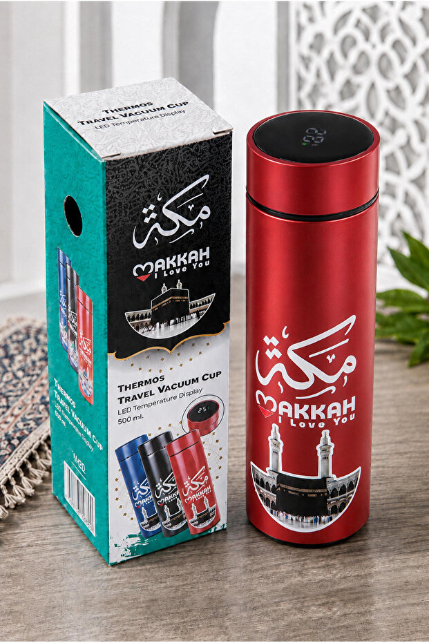 ترمس مفرغ من الهواء مع شاشة عرض درجة الحرارة LED بنمط مكة المدينة - أحمر