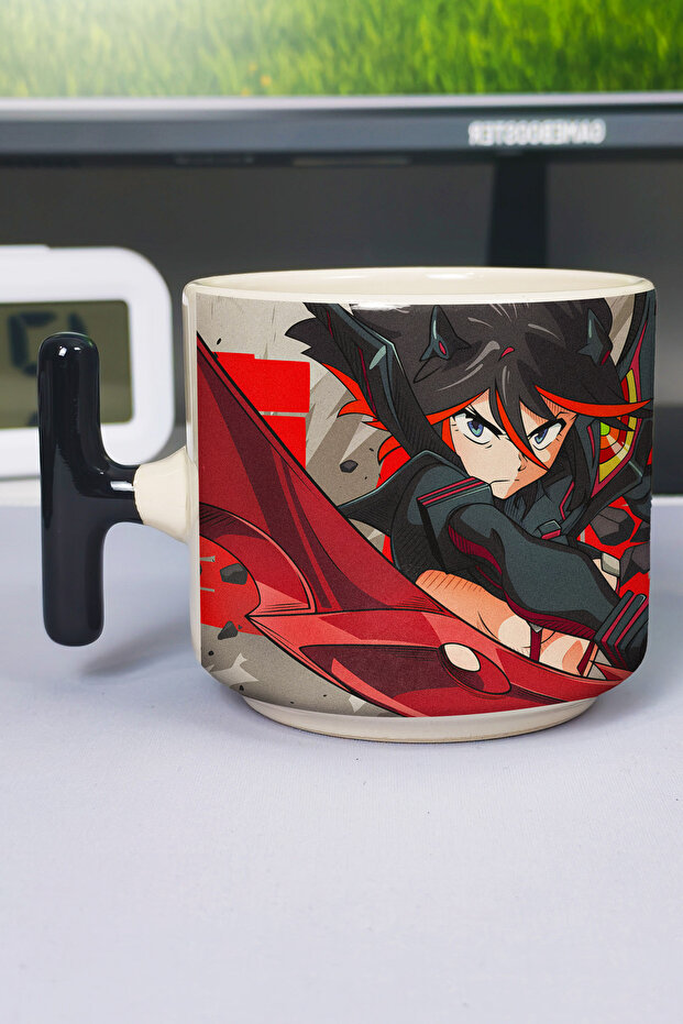 كوب سيراميك فاخر مطبوع عليه رسومات أنمي Kill la Kill (قطعة واحدة) على شكل حرف T بمقبض أسود مميز V1T
