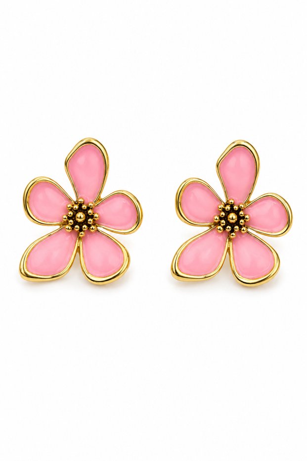 Yellow Plated Pink Enamel Flower Steel Earrings - Women's Daily Wear Earrings