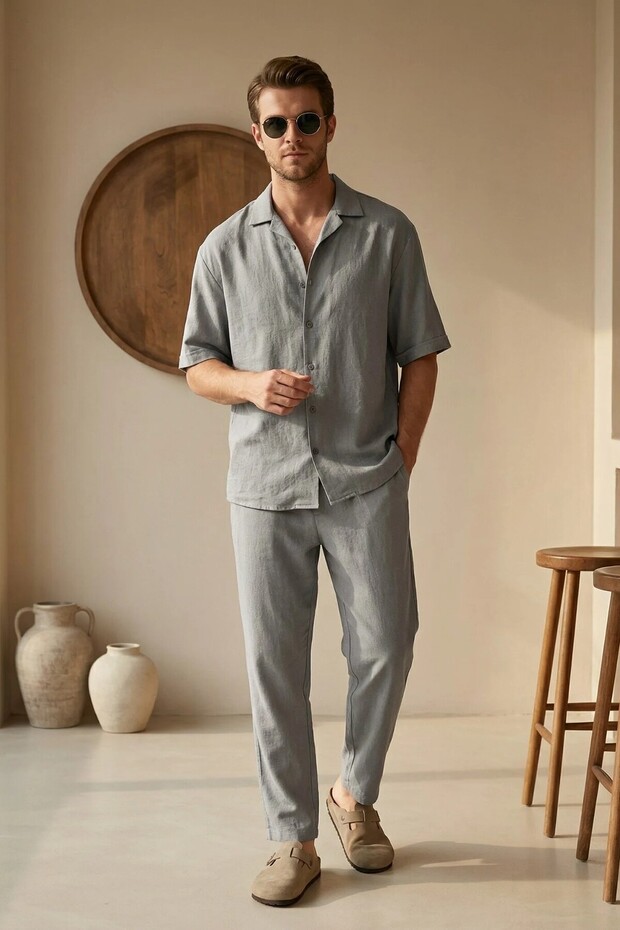Men's Short Sleeve Shirt & Boyfriend Pants Gray Bottom Top Linen Set Ls-6716